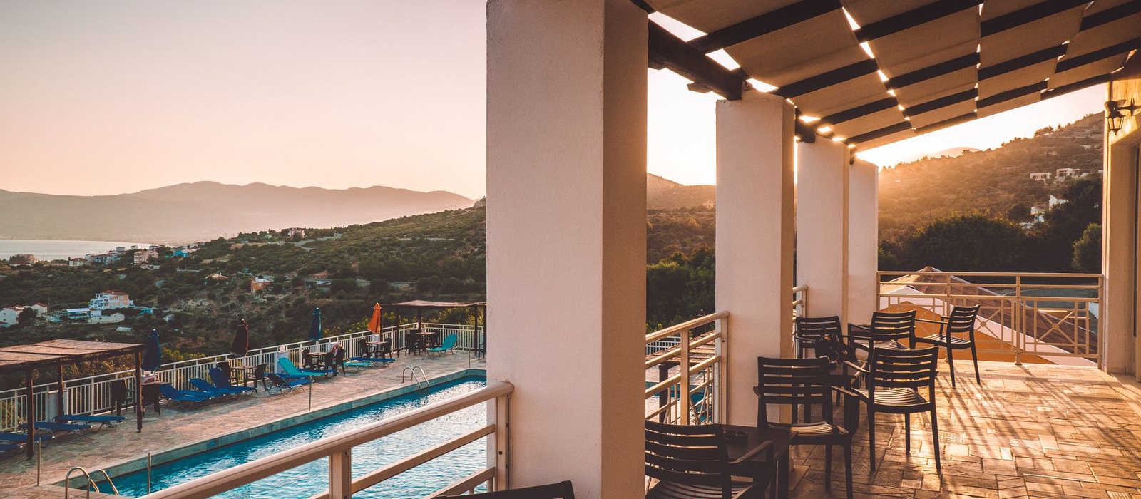 Resort pool terrace with mountains